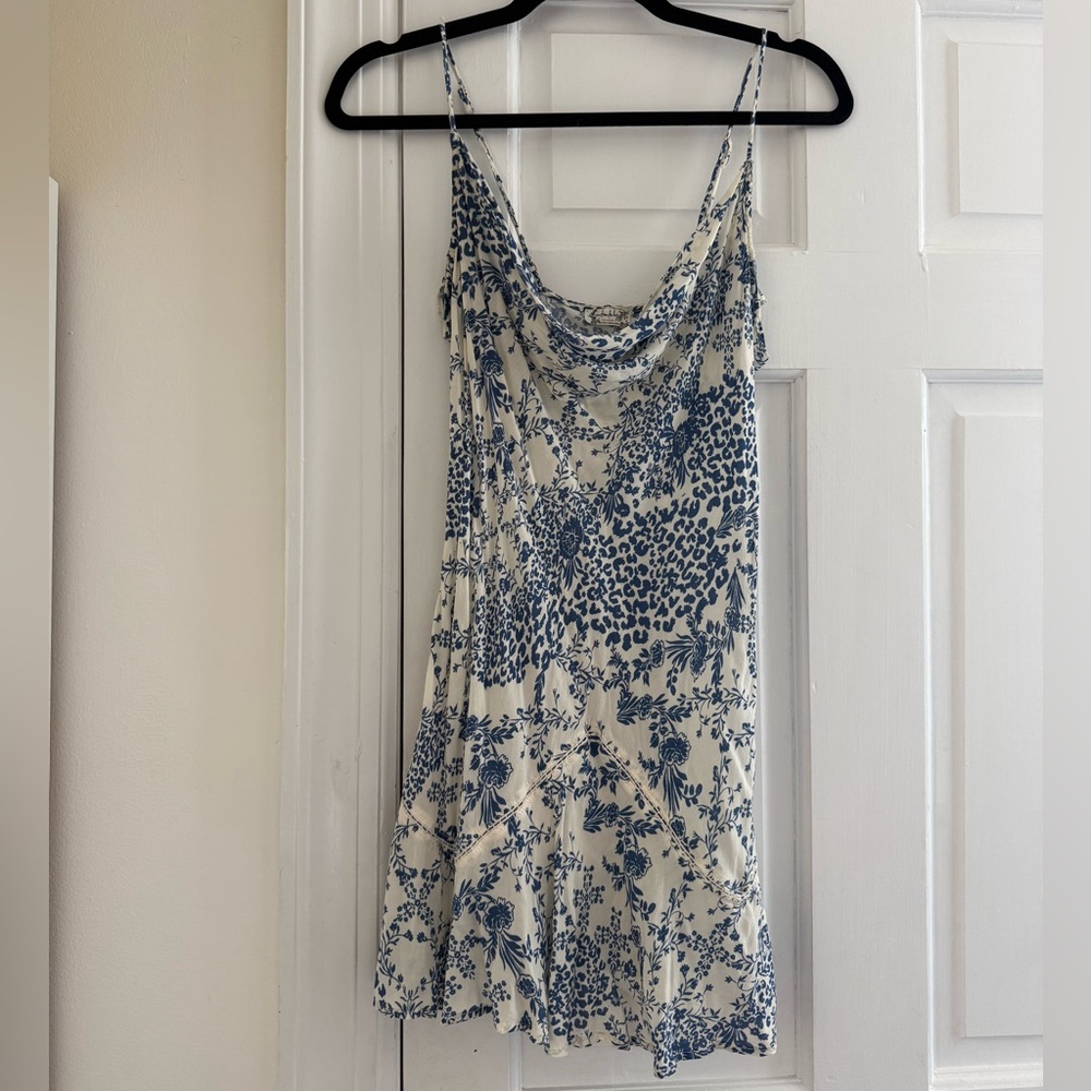 Free People Blue Floral & Ivory Cowl Neck Mini Slip Dress